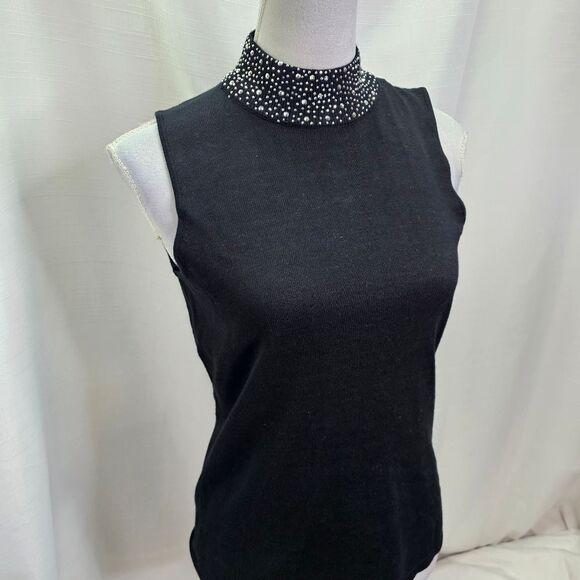 Premise Black Beaded Mock Neck Sleeveless Top Size Small - Picture 3 of 10